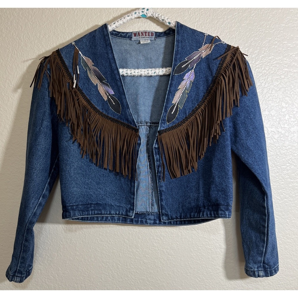 Wanted by Beads Beautiful fringe Feather Denim Jacket Festival Western SZ S USA